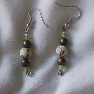 Floral Beaded Earrings with Green Accents